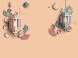 Paper Cut Arabic Lamp Hanging Against Floral Pastel Brown Background And Copy Space. vector