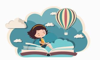 linda niña personaje sentado en abierto libro con caliente aire globo en nubes antecedentes. vector
