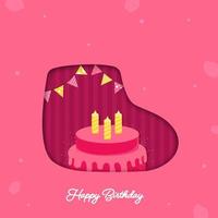 contento cumpleaños deseos saludo tarjeta con delicioso pastel, ardiente velas y verderón banderas en rosado y resumen antecedentes. vector