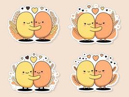 Sticker Style Embracing Potato Couples Set Against Peach Background. vector