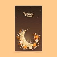 Ramadan Kareem Vertical Banner Design And Crescent Moon Decorated By Beautiful Florals On Brown Background. vector