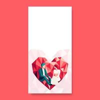 Faceless Young Couple Sitting On Red And Pink Polygonal Heart And Copy Space. Valentine's Day Template Or Vertical Banner. vector