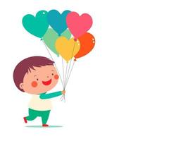 alegre chico personaje participación vistoso globos de corazón forma en blanco antecedentes. San Valentín día concepto. vector