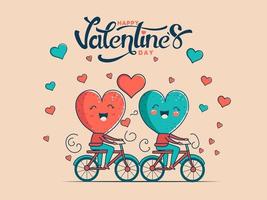 contento San Valentín día concepto con alegre dos corazón formas personaje montando en su bicicleta. vector