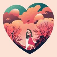 Romantic Young Couple Character Dancing Together Inside Heart Shape Nature Background. Happy Valentine's Day Concept. vector