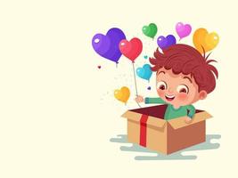 alegre chico personaje viniendo fuera de sorpresa caja con vistoso corazón forma globos en blanco antecedentes. vector