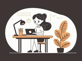 Young Girl Character Using Laptop At Desk With Table Lamp, Pen Holder, Book On White And Black Background. vector