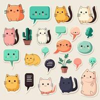 Set Of Sticker Style Cat Emoji, Plants And Blank Message Box Elements. Chatting Concept. vector