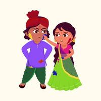 Illustration of Kids Couple Character Playing With Colours On Beige Background. vector