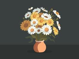 Yellow And White Daisies Plant Pot On Dark Gray Background. vector