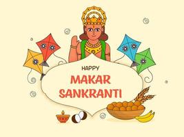 Happy Makar Sankranti Greeting Card With Character Of Lord Surya Blessings And Festival Elements On Pastel Yellow Background. vector