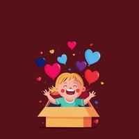 emocionado gracioso niña con corazón globos viniendo fuera desde dentro sorpresa caja en rojo antecedentes. vector