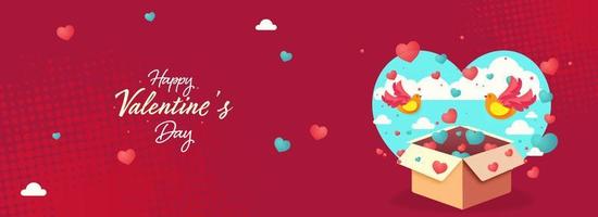 Happy Valentine's Day Banner or Header Design With Hearts Coming Out of Cardboard Box, Flying Birds, Clouds On Red Halftone Effect Background. vector