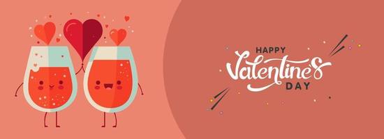 Happy Valentine's Day Concept, Funny Cocktail Glasses Couple Cheering With Heart Shapes. vector