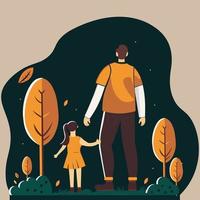 Back View of Young Man And His Daughter Character Standing Together On Abstract Nature Background. vector