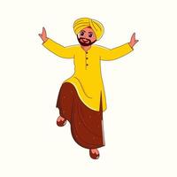 Punjabi Young Man Performing Bhangra Dance On Beige Background. vector