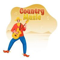 Country Music Concept With Faceless Cowboy Character Playing Guitar And Music Notes On Sand Landscape Background. vector