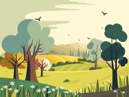 Nature Landscape Background With Mountains, Trees, Floral And Flying Birds. vector