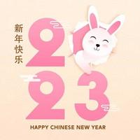 Pink 2023 Number With Cute Rabbit Popping Out Of Torn Paper On Pastel Peach Semi Circle Pattern Background For Happy Chinese New Year Concept. vector