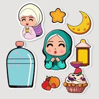 Sticker Style Cute Islamic Girls Character With Fruits And Fast Food Elements. vector