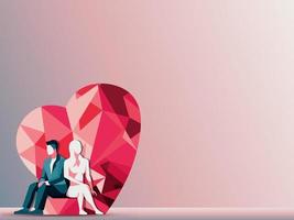 Vector Illustration of Young Couple Sitting On Podium With Red Polygonal Heart And Copy Space.