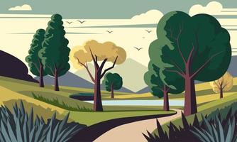 Nature Landscape Background With Mountains, Trees And A Pathway. vector