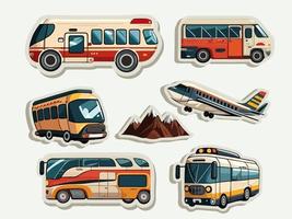 Collection of Transport Like As Bus, Airplane And Mountain Icons In Sticker Style. vector