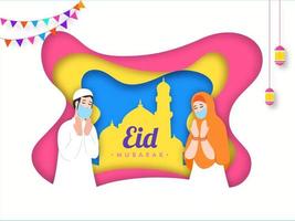 Islamic Festival Eid Mubarak Concept with Muslim Man and Woman wearing mask, Greetings on occasion of Eid Mubarak. Mosque on background. Eid celebrations during Covid-19. vector