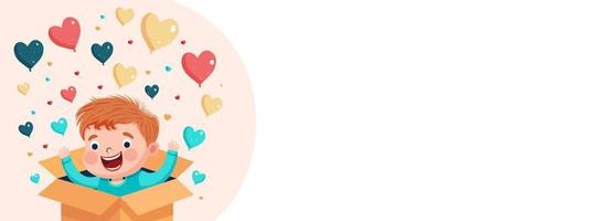 Excited Cute Boy With Heart Balloons Coming Out From Inside Surprise Box And Copy Space. Header Or Banner Design. vector