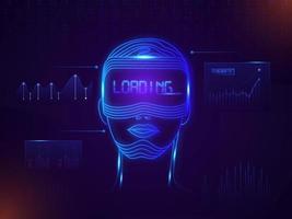 Holographic Screen Technology Background With Man Wearing VR Goggles Showing Status of Loading System. vector