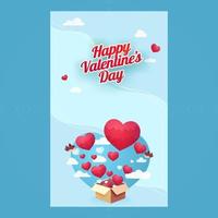 Sticker Style Happy Valentine's Day Font With Red Hearts Coming Out of Cardboard Box, Flying Birds And Clouds On Sky Blue Background. vector