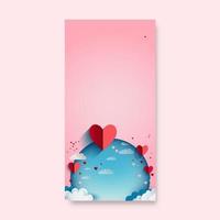 3d prestar, rojo papel cortar corazón formas con azul redondo forma, nubes en pastel rosado antecedentes y Copiar espacio para amor o enamorado concepto vector