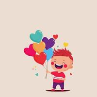 Cheerful Boy Character Holding A Bunch Of Colorful Heart Balloons On Light Pink Background. vector