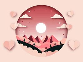 Peach Paper Cut Round Shape Background With Sun Landscape And Heart Shapes. vector