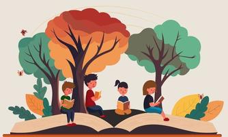 Vector Illustration of Children Characters Reading Book And Large Open Book Against Nature Background.