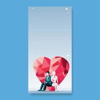 Vector Illustration of Young Couple Sitting On Podium With Red Polygonal Heart On Blue Background And Copy Space.