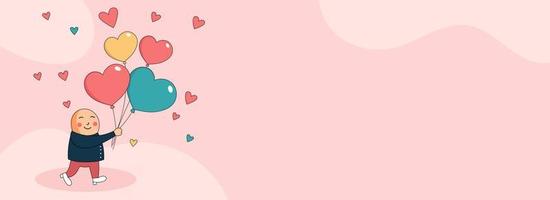 Walking Cute Boy With Heart Shapes Balloons On Pastel Pink Nature Landscape Background And Copy Space.  Love Or Valentine Concept. vector