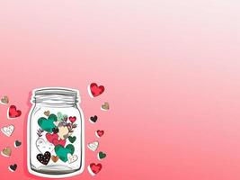 Vector Colorful Hearts With Leaves Inside Glass Jar Sticker On Glossy Pink Background For Love or Valentine's Day.