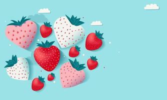 3D Render, White And Red Paper Strawberries On Turquoise Background And Copy Space. vector