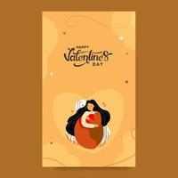 contento San Valentín día vertical bandera con joven niña personaje abrazando un corazón en naranja antecedentes. vector