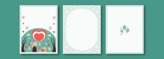 Love Greeting Cards With Young Girl Character, Desserts, Heart Shapes And Copy Space. vector