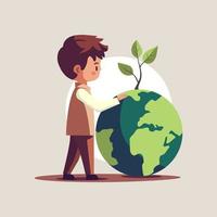 Side View of Boy Character Standing Near Planting Globe On Beige Background. vector