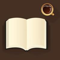 Top View of Open Book With Blank Pages, Tea Cup Element On Dark Brown Background. vector