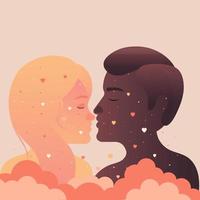 Vector Man And Woman Facing Each Other With Their Eyes Closed On Pastel Peach Background.