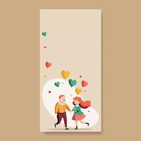 alegre joven chico y niña participación manos juntos con vistoso corazón globos decorado beige antecedentes y Copiar espacio. vector