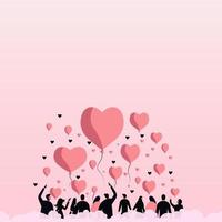 Rear View of People or Couples Enjoying With Balloons, Heart Shapes On Pastel Pink Background And Copy Space. vector