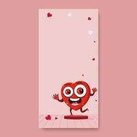 Excited Heart Mascot On Podium With Tiny Red Hearts On Pink Plank Texture Background And Copy Space. vector