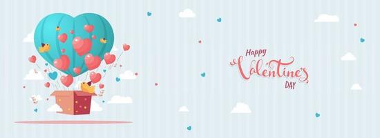 contento San Valentín día concepto con corazón formas viniendo fuera de cartulina caja, volador aves, nubes decorado en raya modelo antecedentes. vector