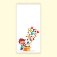 alegre pequeño chico personaje con vistoso corazones viniendo fuera de caja y Copiar espacio. amor o San Valentín día concepto. vector