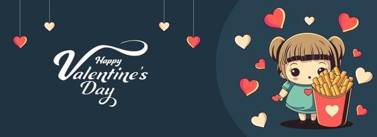 Happy Valentine's Day Font With Cute Girl Character, French Fries Box And Heart Shapes Decorated On Dark Teal Background. vector